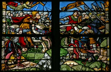 Fenster w8, Darstellung einer Schlachtszene mit Kaiser Konstantin, in der das Kreuz erschien und er triumphiert