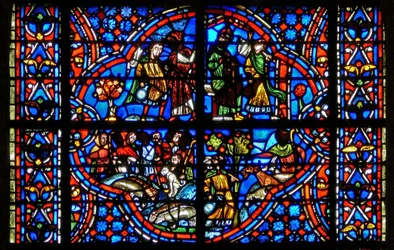 Fenster w9 mit Szenen aus der Geschichte von Joseph: Jakob schickt Joseph zu seinen Brüdern. Sie schmieden dann Pläne gegen ihn, während sie alle auf den Feldern arbeiten.
