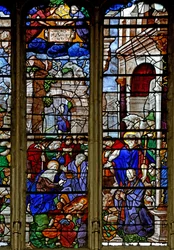 Fenster w9 mit Darstellung der Anbetung der Hirten; der Stifter Baurot und St. Roche