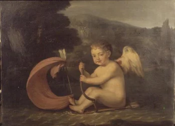 Geflügelter Amor, segelt ein Boot mit Köcher-Rumpf und Pfeil-Mast, ca. 1800