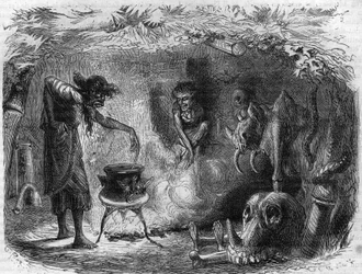 Hexerei: Hexe um einen Kessel, die magische Tränke und Zaubersprüche herstellt. Stich in „Histoire des Papes-Rois-Reines-et-Empereurs à travers les siècles“ von Maurice Lachatre