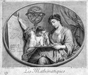 Frau und Kind mit Kompass und Figuren (Allegorie der Mathematik) - Gravur