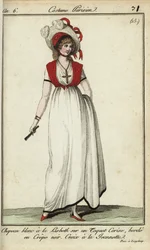 Frau mit Lisbeth-Hut in der Mode von 1798 (handkolorierte Kupferstichgravur)