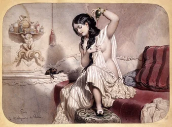 Frau, die sich nach dem Bad parfümiert - Lithografie, ca. 1860