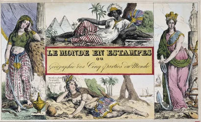Frauen, die 4 Kontinente repräsentieren: Afrika, Europa, Amerika und Asien - Frontispiz von „Le Monde en prints ou Géographie des cinq parts du monde“ von Chevalier de Roujoux
