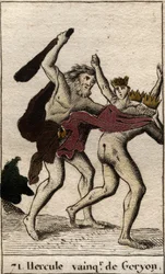 Arbeiten des Herkules: „Herkules besiegt den dreiköpfigen Riesen Geryon“. Aus „Mythologie der Jugend“ von Pierre Blanchard 1803.