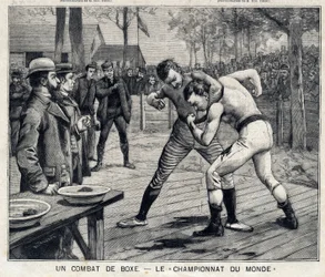 Weltmeisterschaft: Boxkampf zwischen Jim Corbett und Bob Fitzsimmons in Carson, Nevada, USA: In Le Petit Parisien am 11.04.1897. Private Sammlung