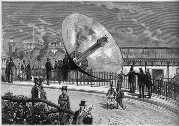 Weltausstellung 1878 in Paris: Sonnenofen erfunden von Augustin Mouchot (1823-1912). Gravur in „Le Monde Illustré“ Nr. 1125 vom 19. Oktober 1878.