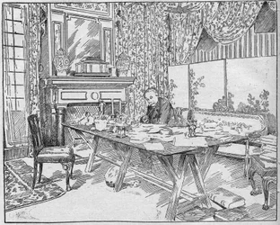 Schriftsteller Alexandre Dumas Jr. (1824-1895) in seinem Arbeitszimmer. Gravur in „La gazette du dimanche“ vom 12. Dezember 1895