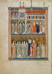 Messe, besucht von Beamten mit einer Prozession darunter, ca. 1300