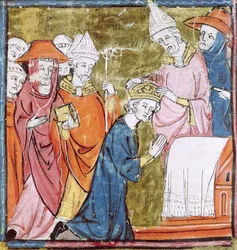 Fol. 106r: Die Krönung Kaiser Karls des Großen (742-814) durch Papst Leo III. (ca. 750-816) im Petersdom in Rom im Jahr 800, Grandes Chroniques de France, 1375-79