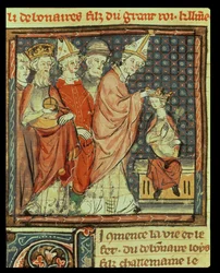 Die Krönung von Ludwig I. dem Frommen (778-840), Heiliger Römischer Kaiser, durch Papst Stephan IV. (Papst 816-817) in Reims im Jahr 816, aus den Grandes Chroniques de France, 1375-79