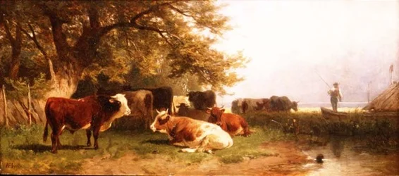 Vieh beim Tränken in einer Landschaft