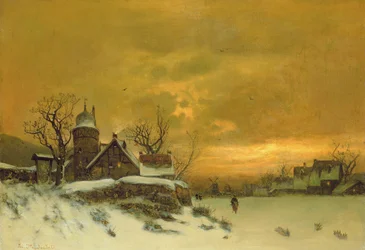 Winterlandschaft mit Blick auf Gebäude am Abend