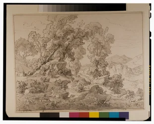 Faun und Nymphe in arkadischer Landschaft