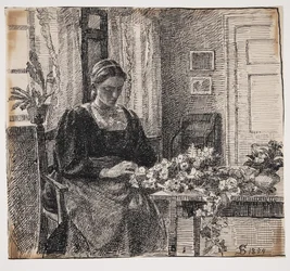 Meine Frau (Frau Anna Syberg) bindet einen Kranz