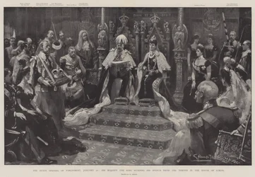 Die feierliche Eröffnung des Parlaments, 16. Januar, Seine Majestät der König liest seine Rede vom Thron im House of Lords