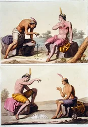 Indianer spielen Queciu (oben) und Porotos (unten), Chile, aus 