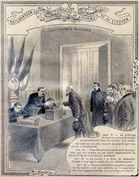 1789: Erklärung der Menschen- und Bürgerrechte: nationale Souveränität. Stich in „Das einheitliche Buch der Moral und Staatsbürgerkunde, bestimmt für die Schüler der drei Stufen der Grundschule und für diejenigen der Grundschulklassen der Gymnasien und