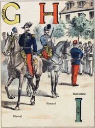 Buchstaben G H I: General, Husar und Ausbilder. Gravur in "Alphabet militaire", Grand-Bebe-Serie. Gravur. Pont-a-Mousson Imaging. Louis Vagne, Drucker-Verleger, um 1900. Illustrationen von G. Dascher. 20 Seiten. Maße: 31,5x24,5cm