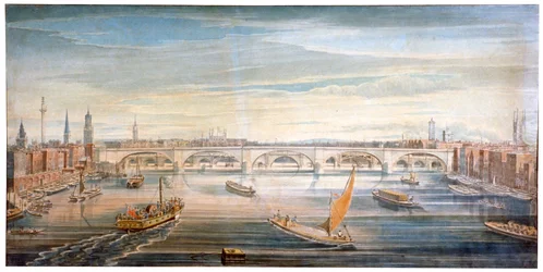 Ansicht der neuen London Bridge von Westen, mit Booten und Lastkähnen auf der Themse, 1831