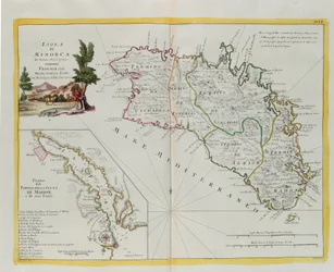 Insel Menorca und der Plan des Hafens und der Stadt Mahon und ihrer Festungen, Stich von G. Zuliani aus Band I des "Neuesten Atlas" veröffentlicht in Venedig 1778 von Antonio Zatta, Privatsammlung