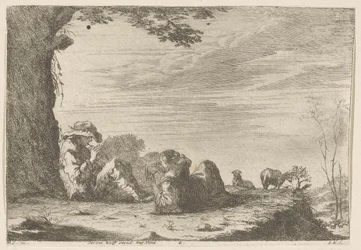 Musizierende Hirten mit Schafen in rustikaler Landschaft