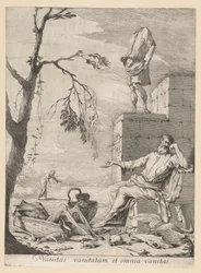 Trauernder Philosoph umgeben von Vanitas-Symbolik
