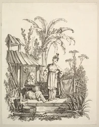 Ein sitzender chinesischer Mann und eine Frau, die einen Fisch trägt, ca. 1742