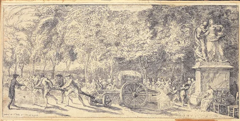 Figuren ziehen ein Fass auf einem Wagen in den Tuileriengärten, 1760