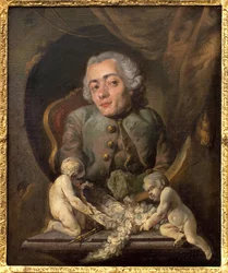 Porträt eines buckligen Künstlers. Gemälde von Gabriel Jacques de Saint Aubin (1724-1780), Öl auf Leinwand. Französische Kunst des 18. Jahrhunderts. Musée des Beaux Arts de Rouen.