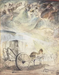 Die Regatta: "Unter einem Himmel, wo Naïden mit Gießkannen Regen gießen und wo die Winde den Sturm blasen, ziehen die Kämpfer der Regatta der Seine voran, ihre Holzspeere auf dem Oberschenkel ruhend. Im Vordergrund ein neben einem Anker geparkter Wagen"