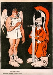 Krieg und Frieden. Allegorie (Karikatur) von Gabriele Galantara (1867-1937) auf der letzten Titelseite der französischen Satirezeitung „L