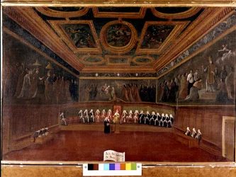 Der Rat der Zehn im Dogenpalast im 18. Jahrhundert, 1725 - Der Saal des Rates der Zehn, Dogenpalast, Venedig (18. Jahrhundert) - Der Doge und der Rat der Zehn. Museo Correr, Venedig