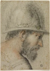 Profilkopf eines Soldaten mit Helm