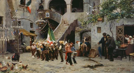 Es lebe der König, Prozession von Kindern mit italienischer Flagge