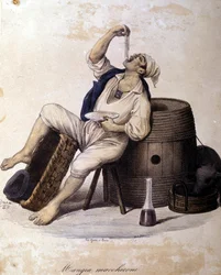 Neapolitaner essen Makkaroni. Lithographie von Dura