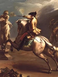 Eine Allegorie: Ein junger Reiter schießt mit einer Pistole auf eine Statue eines alten Mannes