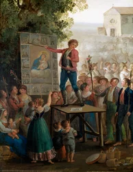 Ein Straßenkünstler singt die Wunder der Jungfrau beim Fest der Madonna dell