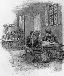 Renzo, Tonio und Gervase im Gasthaus, Kapitel VII, Illustration von Gaetano Previati (1852-1920) für 