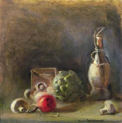 Weinkrug mit Artischocke und Pilzen