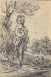 Stehende weibliche Figur in einer Landschaft