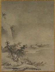Chinesischer Diener im Regen gehend, 1500er Jahre