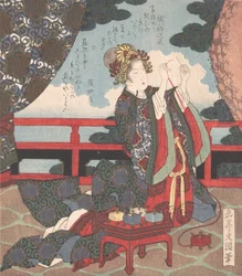 Dame, die auf der Veranda eine Nadel einfädelt, 19. Jahrhundert