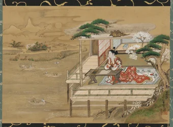 Murasaki Shikibu komponiert die Geschichte von Genji in Ishiyamadera, Edo-Periode, 19. Jahrhundert