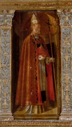 Polyptychon der Geburt Christi, Seitenflügel mit den Heiligen Petrus, Paulus, Clemens und Magdalena, Detail von Sankt Clemens