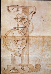 Uhr mit einem Wiegependel, das der italienische Astronom und Physiker Galileo Galilei, genannt Galilée (1564-1642), 1638 zur Zeitmessung untersuchte. Florenz, Nationalbibliothek