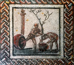 Krug-Töpferszene. (Mosaik, Ende 2. Anfang 3. Jahrhundert)