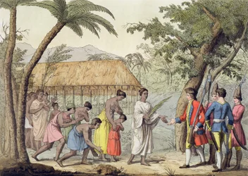 Kapitän Samuel Wallis wird von Königin Oberea auf der Insel Tahiti empfangen