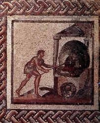 Gallorömische Kunst: Mosaikfußboden mit einem ländlichen Kalender. Szene der Brotherstellung. Ende des 2., Anfang des 3. Jahrhunderts n. Chr. Aus Saint-Romain-en-Gal (Rhône). Saint-Germain-en-Laye, Nationalmuseum für Archäologie